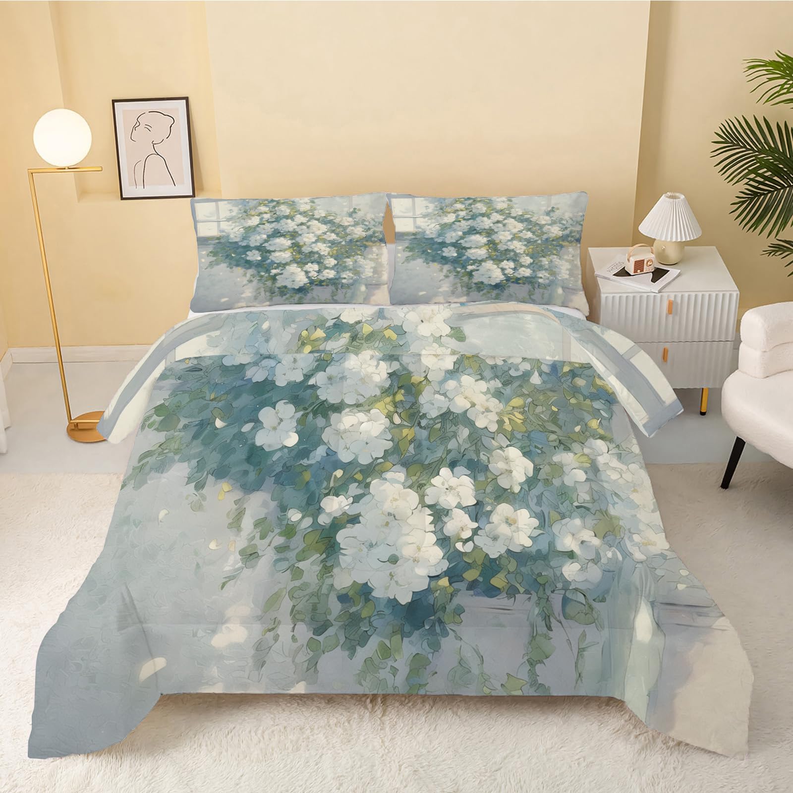 Edredon Cama 105 Blanco, Flor Edredones Nordicos Cama 105 de Microfibra, Relleno Nordico 4 Estaciones Reversible, Ligero y Suave Edredón 200x200 cm y 2 Fundas de Almohadas 50x75 cm, Pintura de Tinta