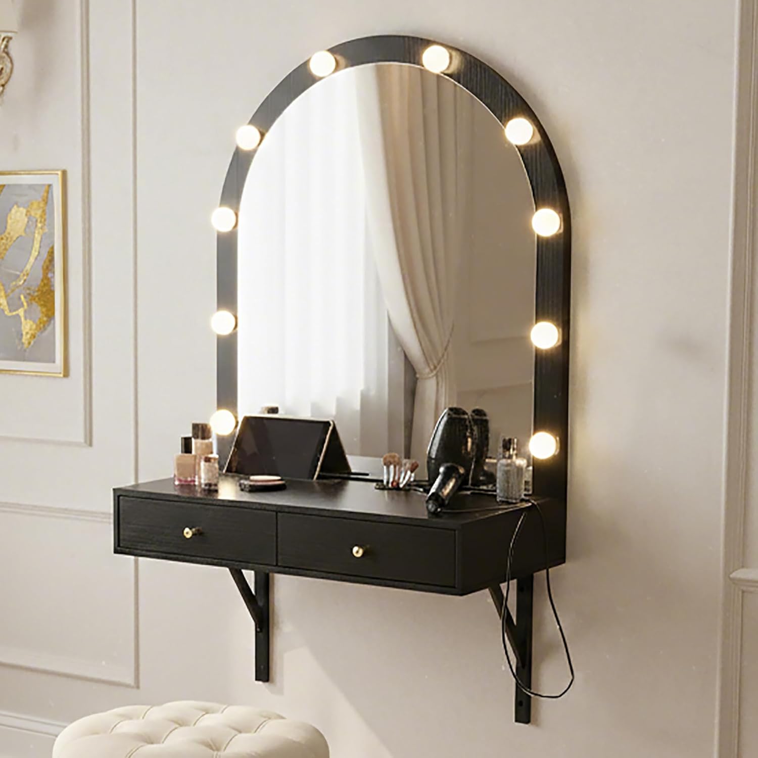 Merax Black Floating Vanity Desk Vanity Mirror with Lights, 3 Color Adjustable, 2 Storage Drawers & Charging Station, Wall-Mounted Makeup Vanity Shelf for Bedroom Hairdressers, 31" D x 54" H