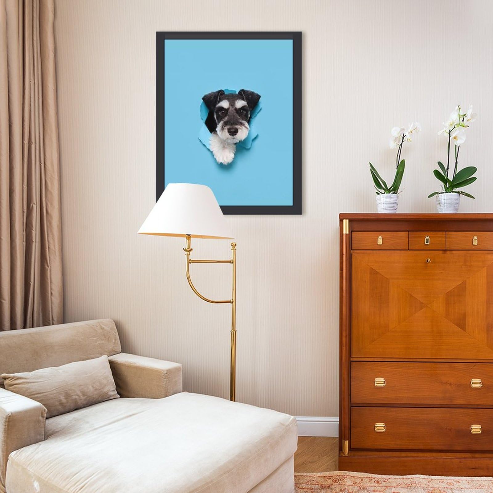 Amazon.co.jp: 穴から外を見つめるシュナウザー犬 絵画 絵 かわいい