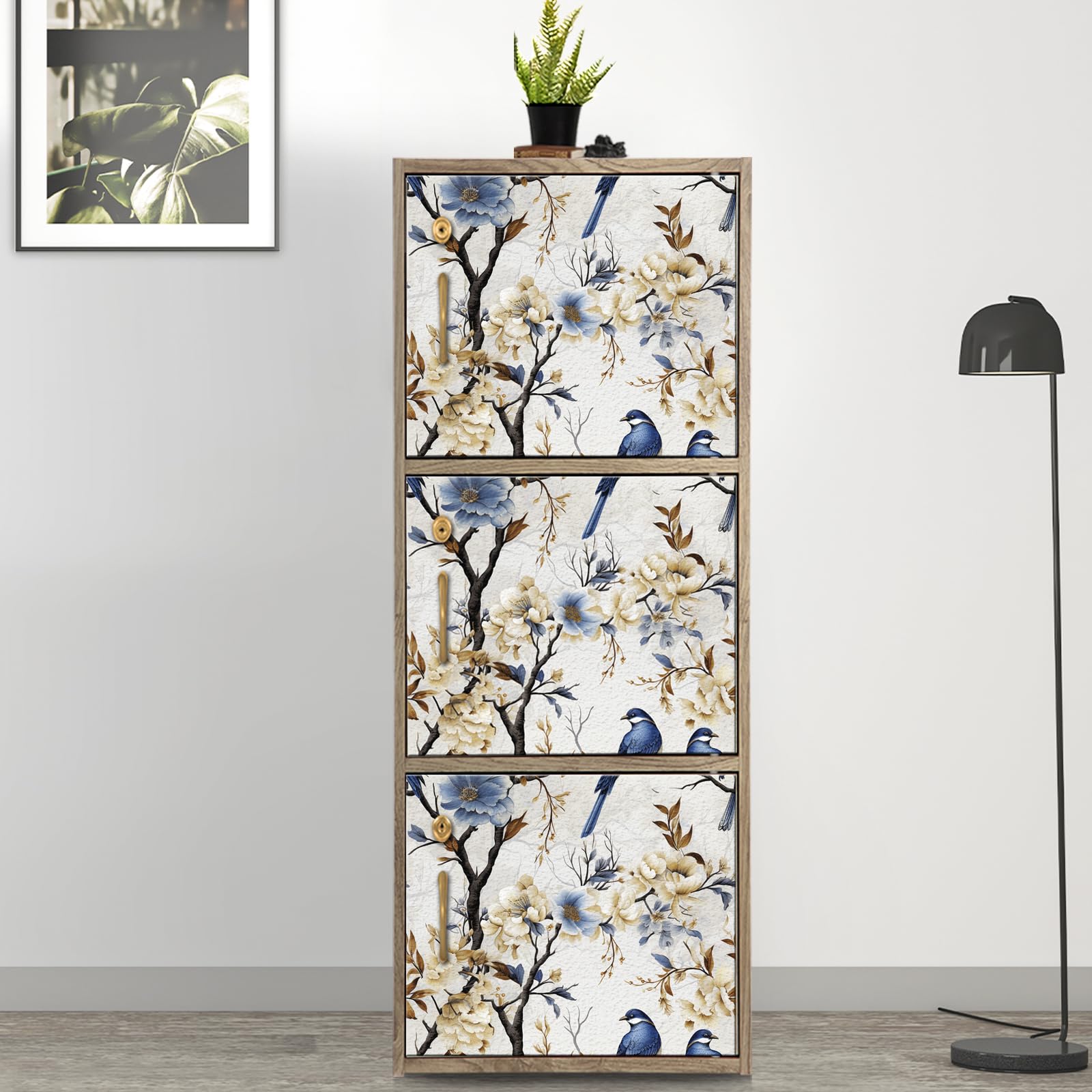 Papel pintado autoadhesivo floral, 44 x 600 cm Papel pintado autoadhesivo de pájaros y flores, papel de pared de despegar y pegar, flores de pájaro azul, hojas, árbol, autoadhesivo, envoltorio de