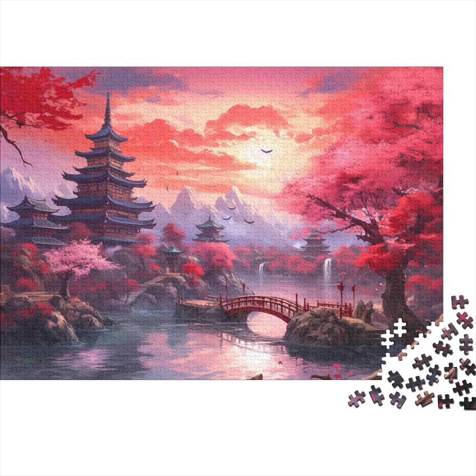 Japanese Garden Bridge 1000 Piece Jigsaw Puzzle Paper for Adults Serene Sunset Scenic Relaxation Focus Home Decoration Gift for Family 38x26cm/1000pcs