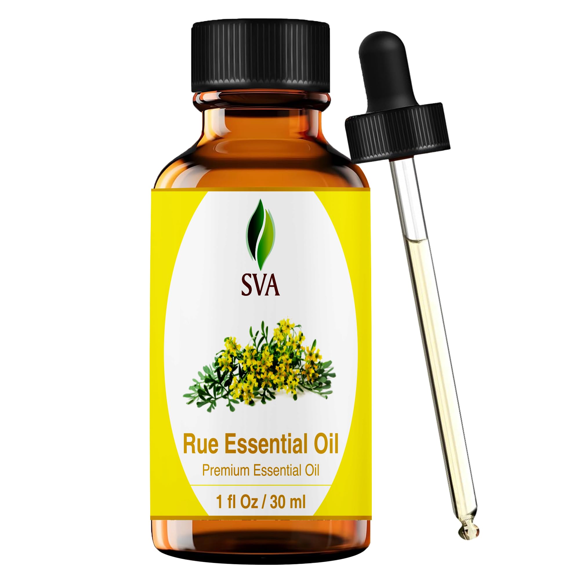 SVA Rue Essential Oil – 1 Fl Oz – 100% Natural Rue Oil - for Diffuser, Hair Care, Face, Skin Care, Aromatherapy, Scalp and Body Massage, Soap and Candle Making - with Dropper