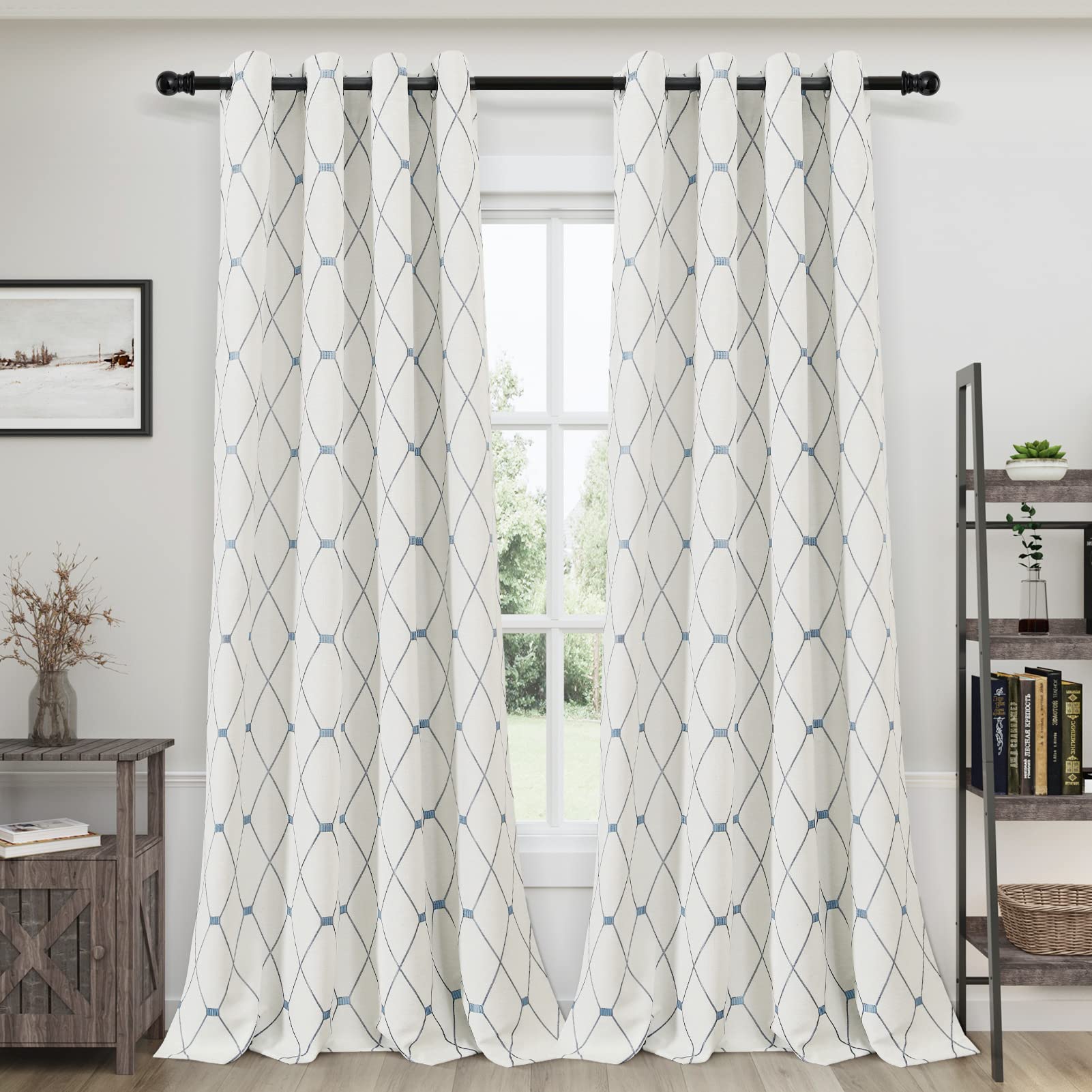 Joywell White Linen Curtains 96 Inches Long for Living Room Blue Pattern Embroidered 50% Blackout Curtain Rustic Farmhouse Decor Neutral Grommet Top