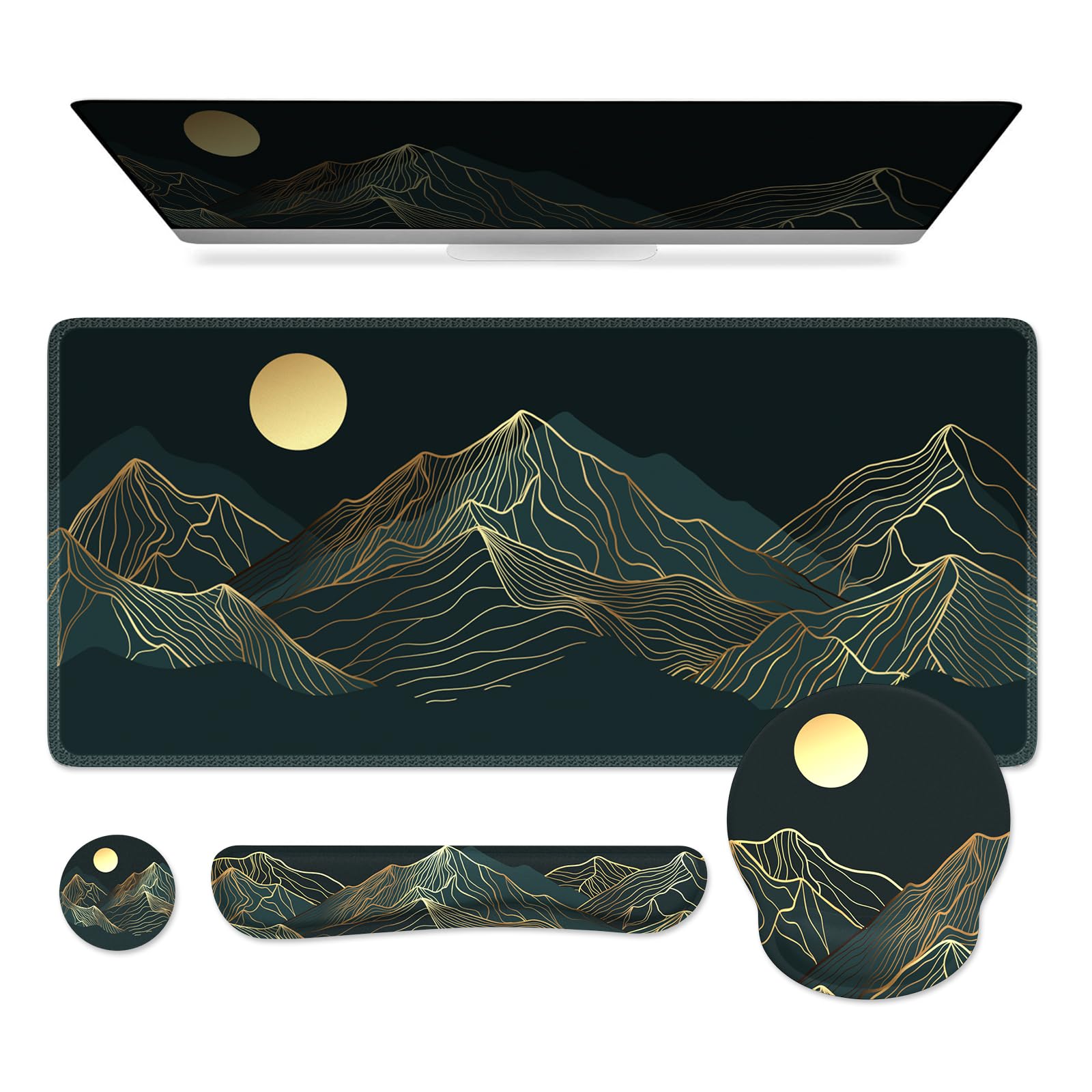 iCasso Large Mouse Pad, 4in1 XXL Mousepad + Keyboard Wrist Rest+Mouse Wrist Rest+Coaster Set with Ergonomic Design for Computer(Cyan-Mountain)