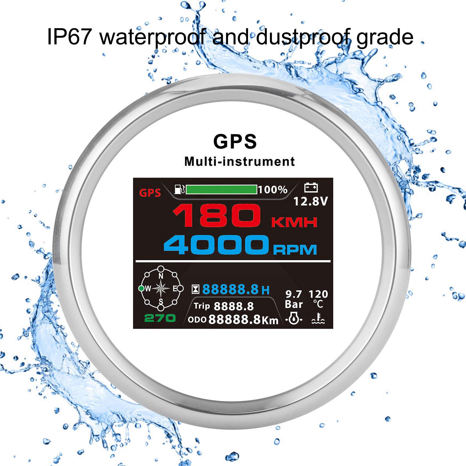 Wielofunkcyjny Miernik 85 Mm Cyfrowy Wskaźnik GPS z Wyświetlaczem TFT dla łodzi, Wskaźnik 10 w 1 Poziom Paliwa Temperatura Wody Napięcie Przebieg, Materiał Nierdzewna + ABS Biała Tarcza