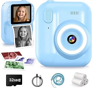 Children’s Camera Instant Camera 1080P Instant Camera Children with 32GB Card and 3 Rolls of Printing Paper, 2.4 Inch Scre…