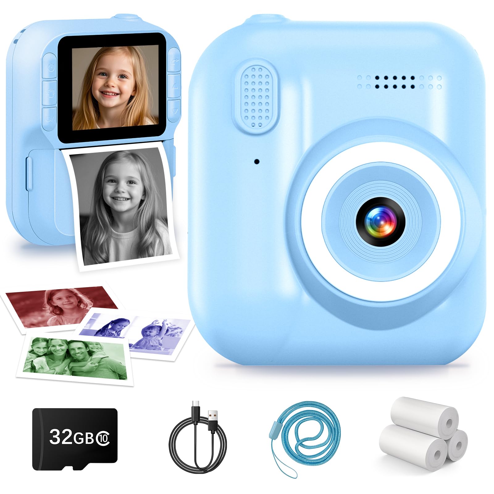 Kinderkamera Sofortbildkamera, 1080P Sofortbildkamera Kinder mit 32GB Karte & 3 Rollen Druckpapier, 2,4