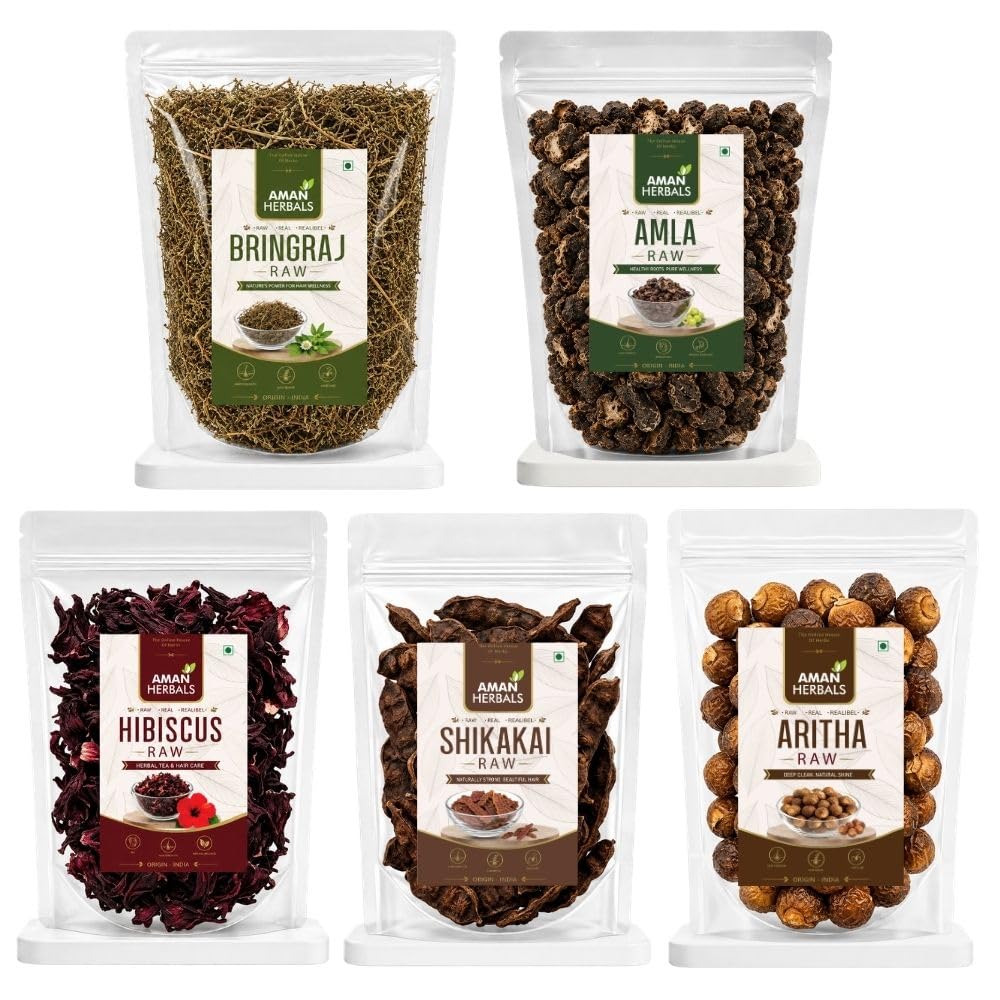 Raw Hair Care Combo Pack | Amla, Shikakai, Aritha (Reetha), Bhringraj & Hibiscus | 100% Natural Whole Dried Herbs | 100g Each (Pack of 5) | Total 500g-image-9