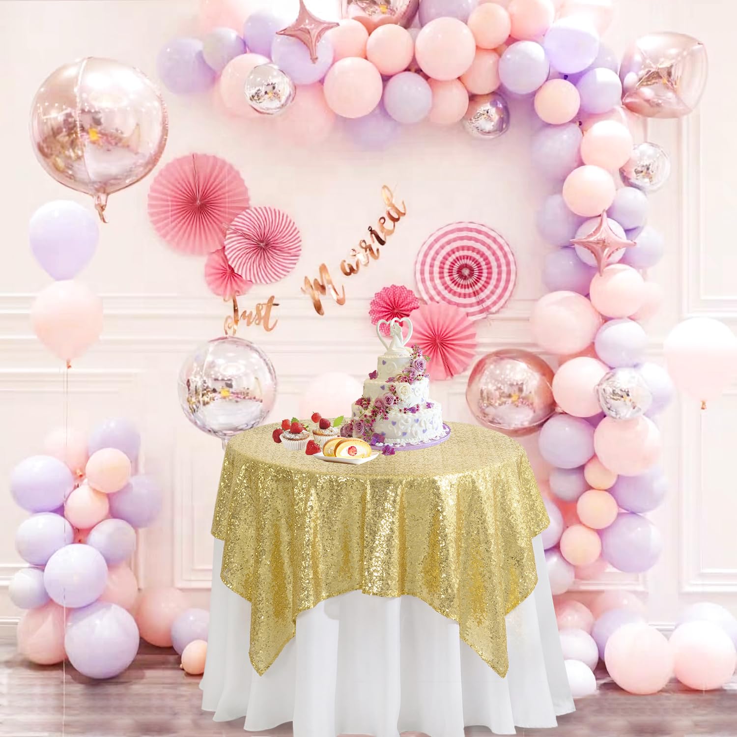 テーブルクロス ピンクと金の花柄 Amazon｜Pufogu 50インチx50インチ ゴールド スパンコール テーブル