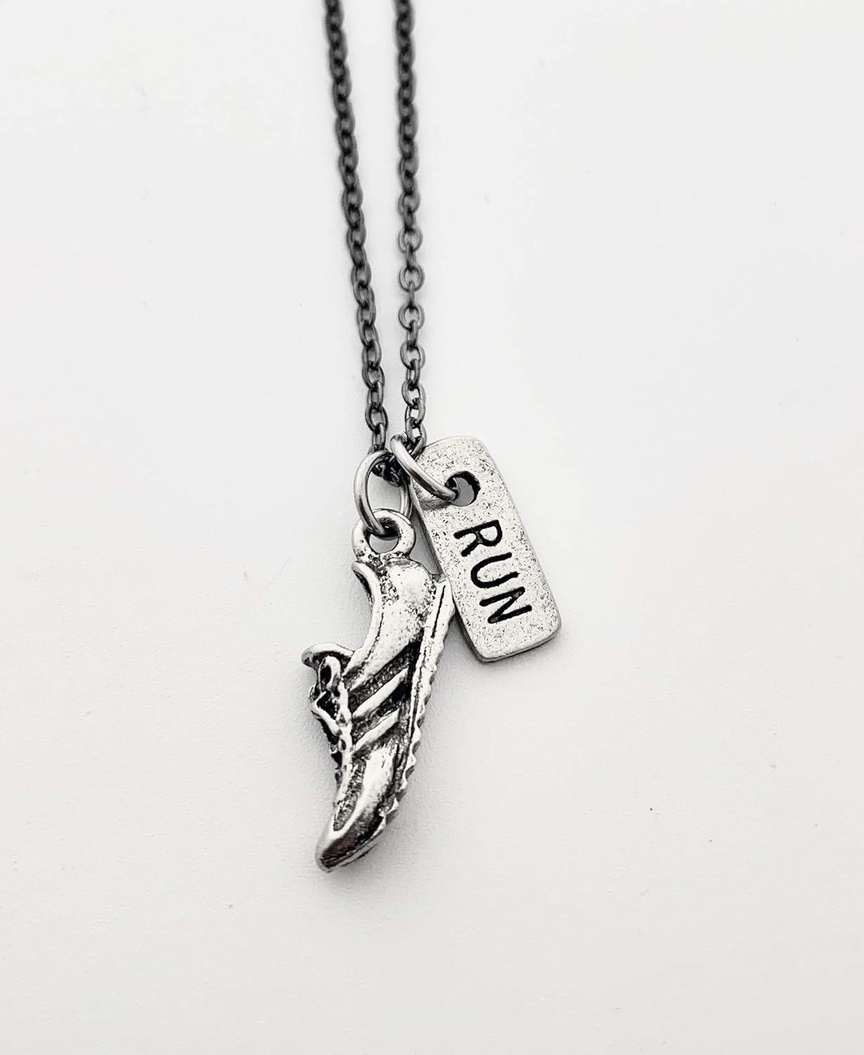 Pewter RUN Necklace - Running Shoe Charm and Pewter RUN Charm on 18 inch Gunmetal Chain - Image 2
