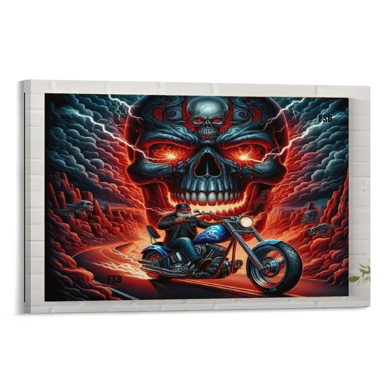 CPLVKWRQJ Skull Motorcycle Art Single Fire Skull Biker Lightning Rocky Tunnel Art Canvas Artwork - Nursery Canvas Wall Hanging Space Saving Ready to Hang Decor 16x24inch(40x60cm)