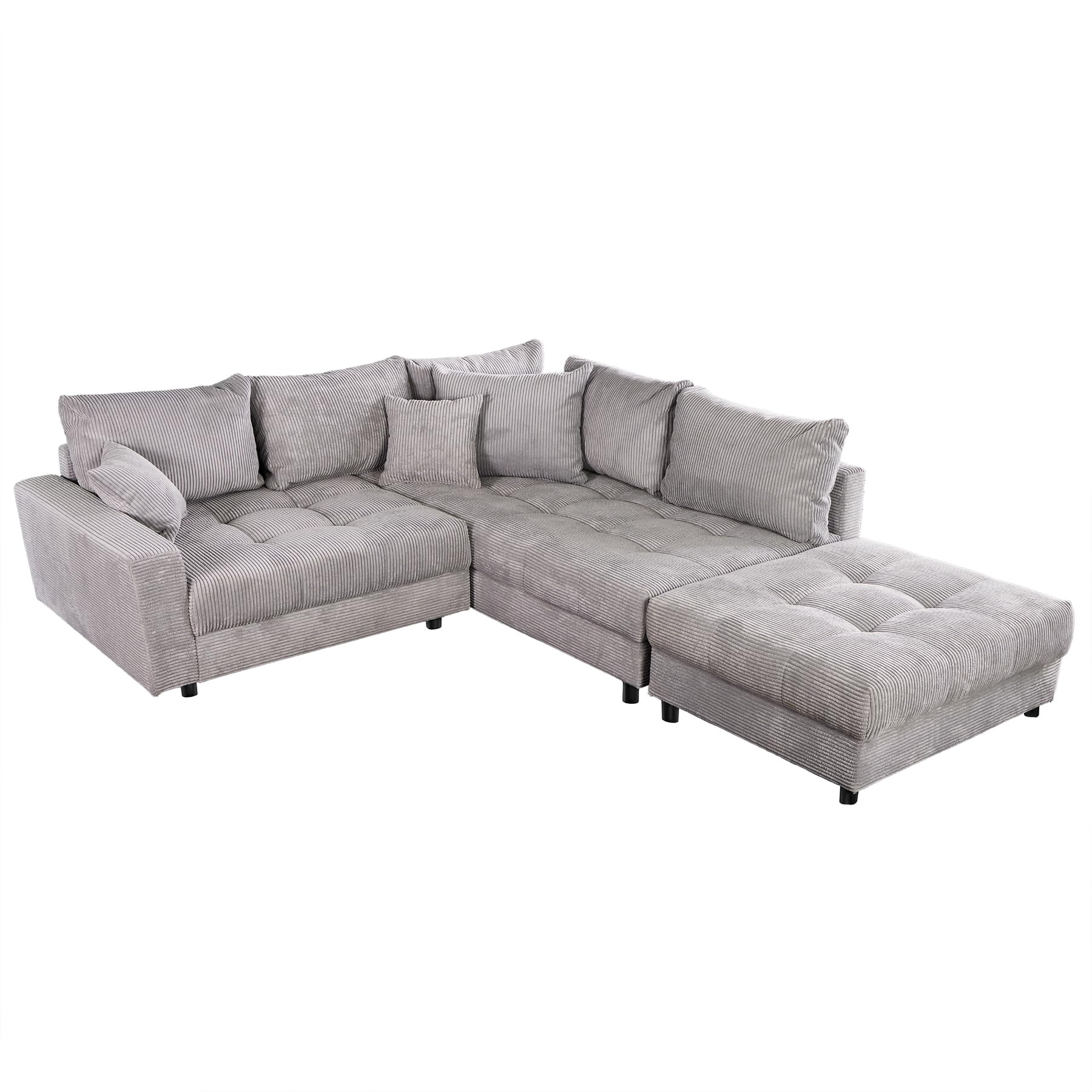 Wohnlandschaft Kent – 220 cm, hellgraues Cord, inkl. Hocker und Kissen (Ecksofa)