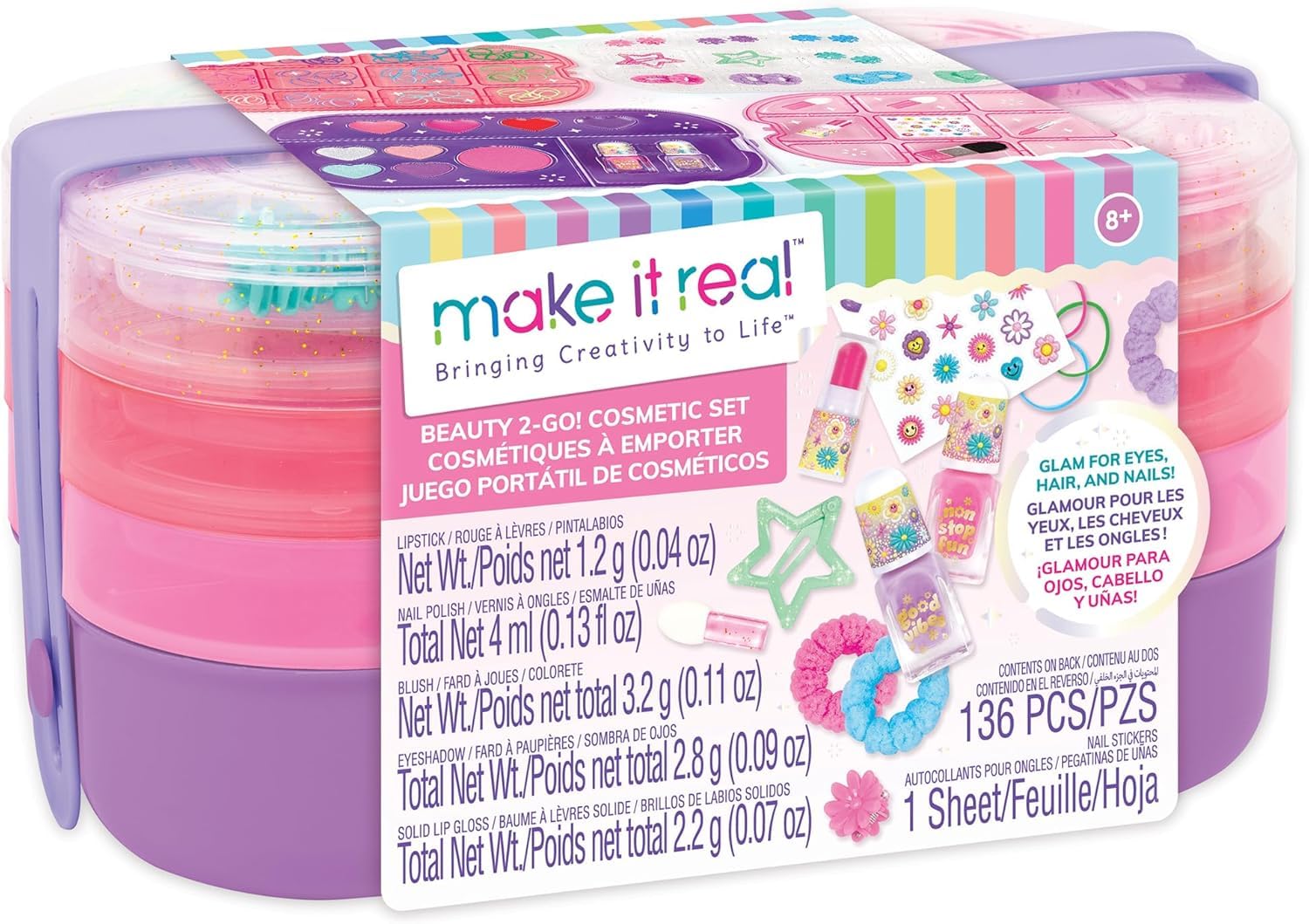 Make It Real: Beauty 2-Go! Cosmetic Set - 136pcs, Glam for Eyes-Hair-Nails, Tray Compartments, Pink & Purple Storage Carry Case, Girls & Kids Ages 8+
