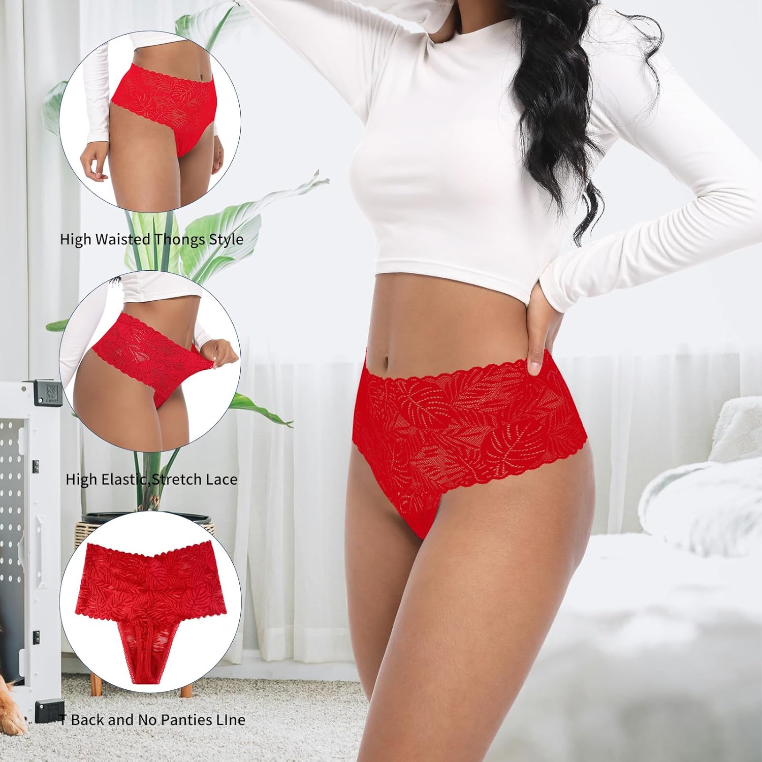 High Waisted Lace Thongs Panties For Women Plus Size Retro Thong High Rise Lacy Underwear Pack 5 Size S-4XL - Image 3