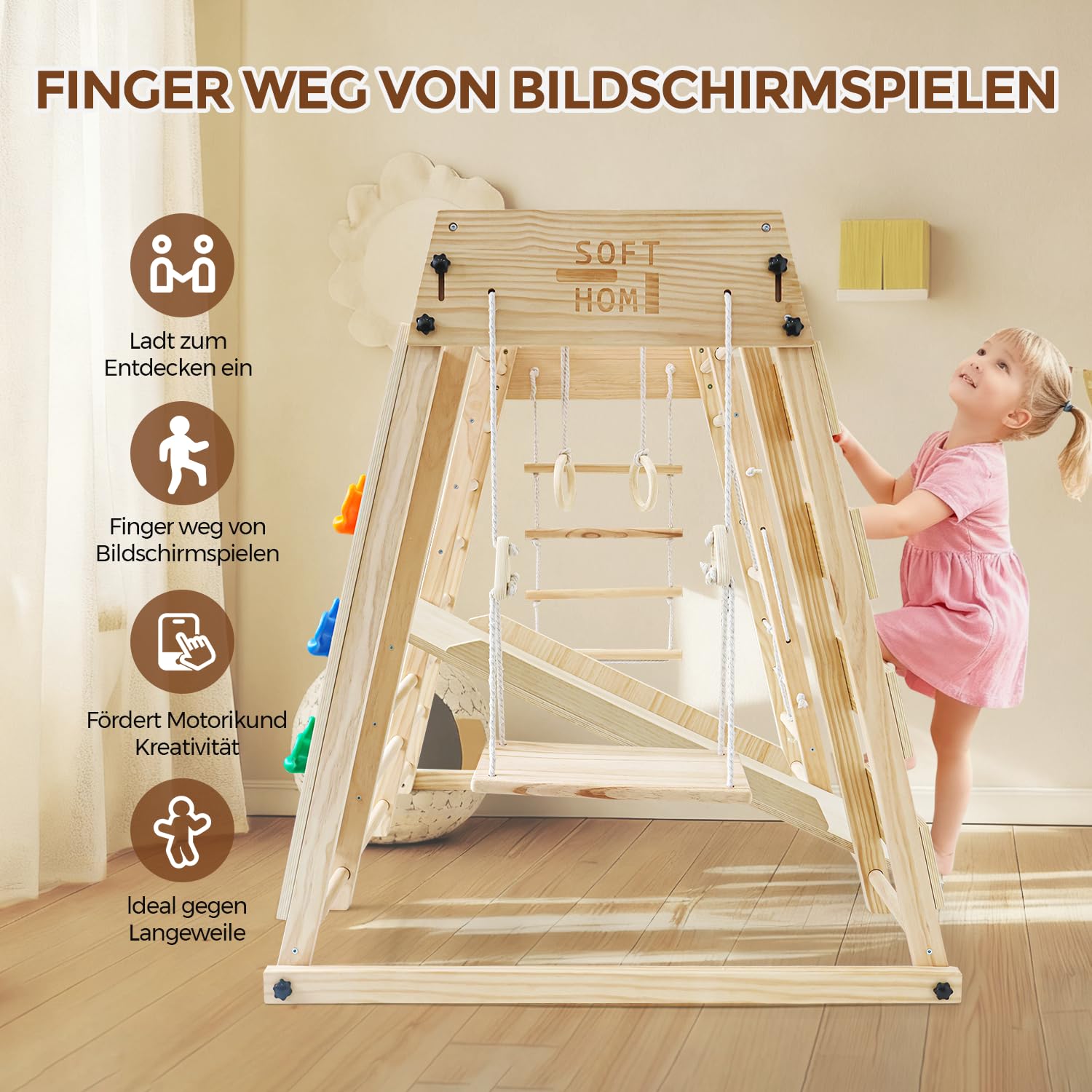 Klettergerüst Indoor mit Tafel, Groß&Klappbar, 10 in 1 Multifunktional Indoor Spielplatz für Kinder, Montessori Kletterausrüstung ab 1 Jahr, Schaukel, Rutsche, Kletterdreieck, Natur&Holz