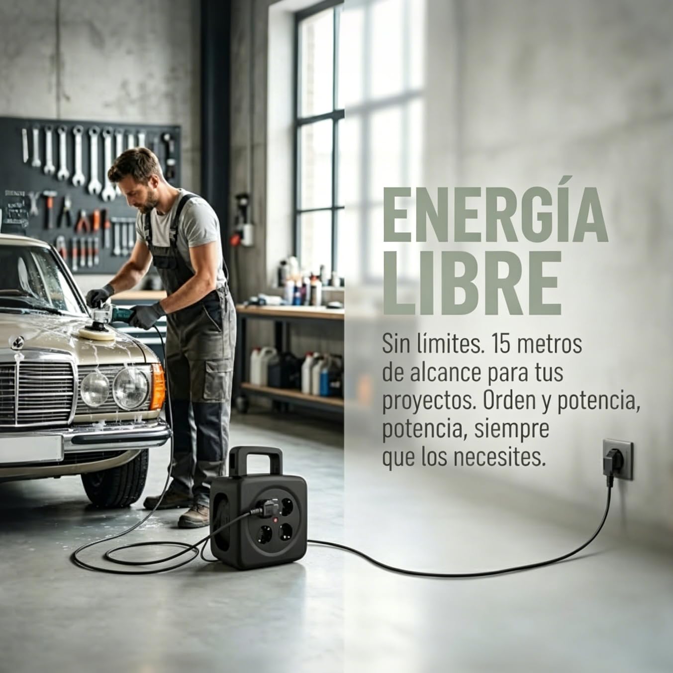 Carrete de cable 15 m con USB 20 W, certificado TÜV GS, interruptor térmico | 4 enchufes Schuko, manivela plegable para el hogar y camping al aire libre, rollo de cable de 16 A