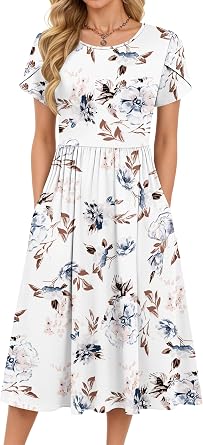 MOLERANI Summer Dresses for Women UK Round Neck Short Sleeve Elegant Tunic Dress Classic Midi Dress with Pockets
