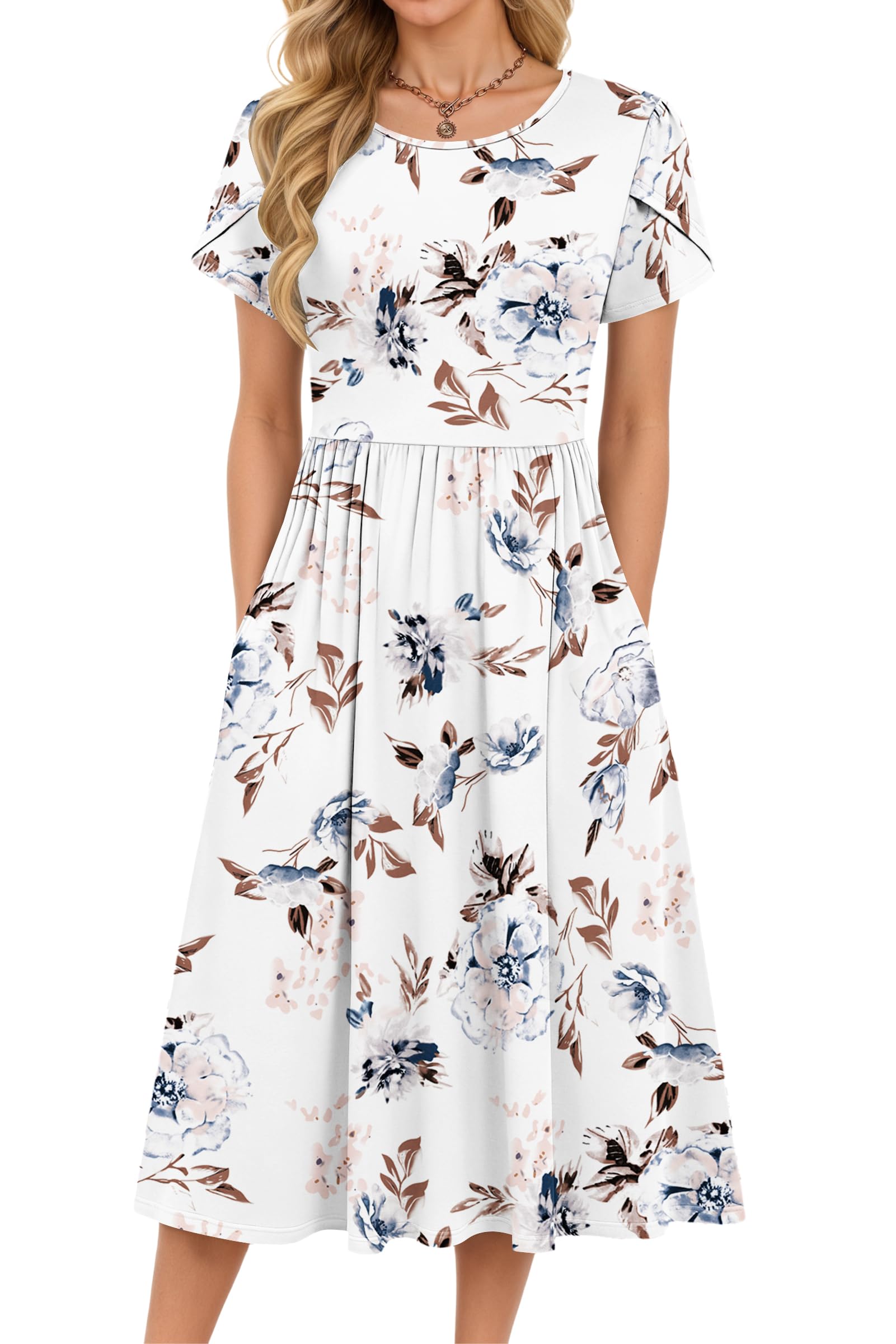 MOLERANI Damen Sommerkleider - Kurzarm Rundhals Midikleid Knielang Freizeitkleider Lose A-Linie Kleider mit Tasche