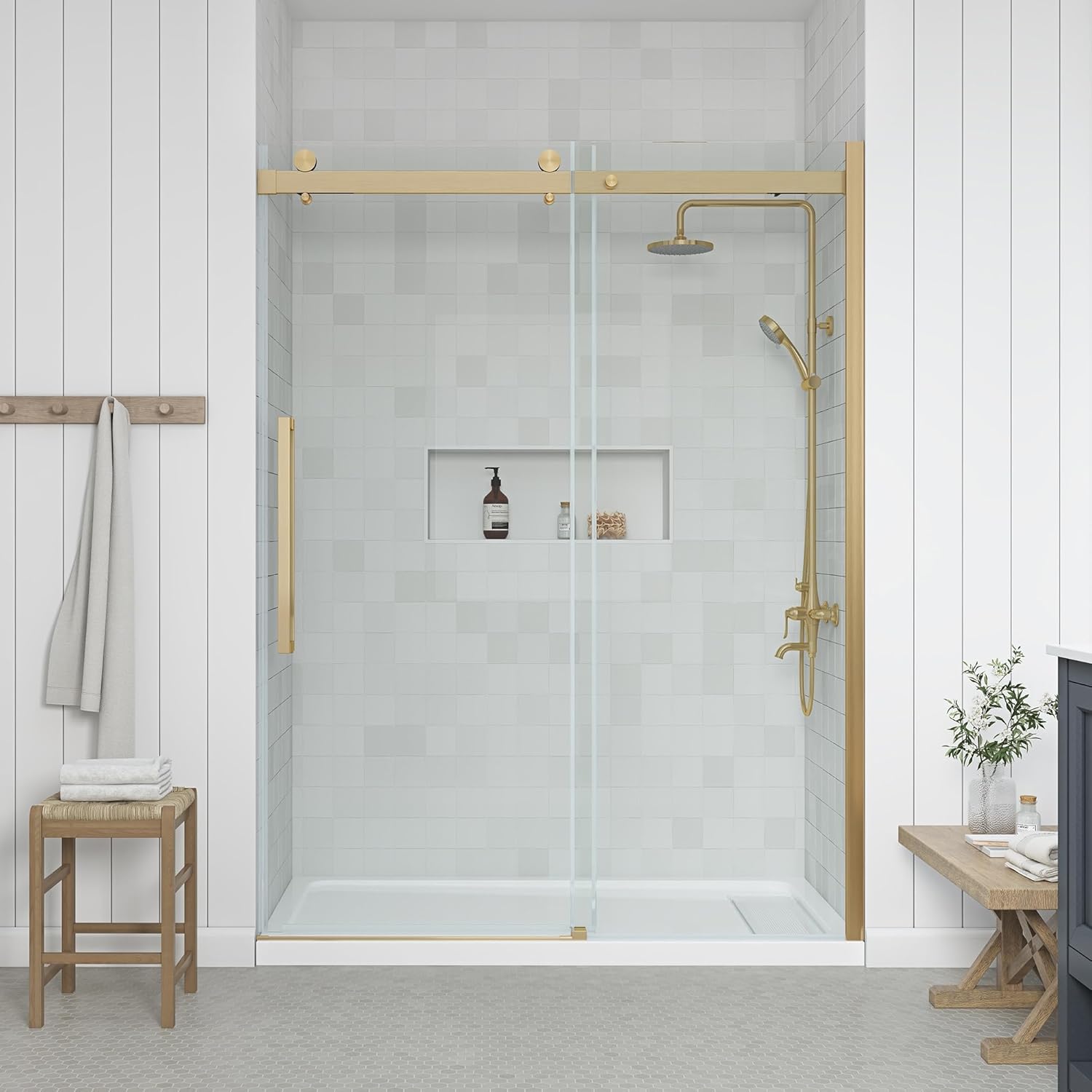 OVE Decors Bel 58-in to 60-in W x 78.75-in H Frameless, Sliding, Soft-Close Shower Door in Gold and Clear Glass with Misty Shower Wall