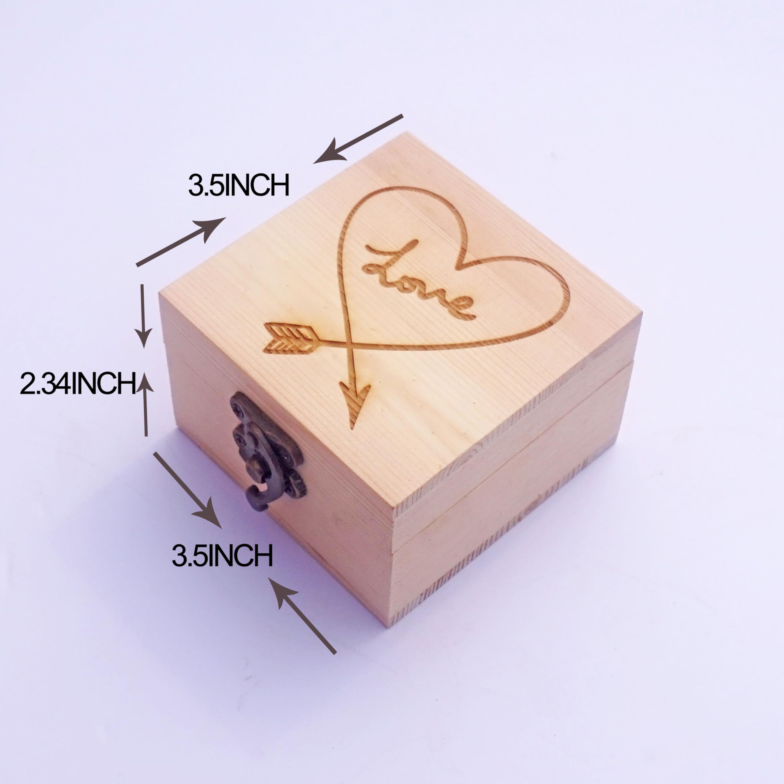 Handcrafted Pine Wood Box with LOVE Arrow Carving – 9×9×5.9 cm, Ideal for Jewelry, Watches, and Gift Packaging