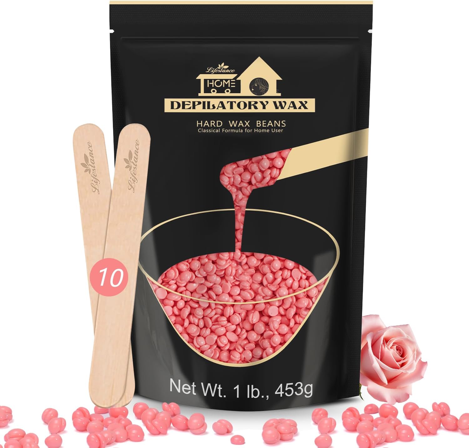 Brazilian Bikini Waxing Wax 450g Pink Hair Removal Beads with 10 Spatulas, Hot Waxing for Body, Face, Legs and Arms