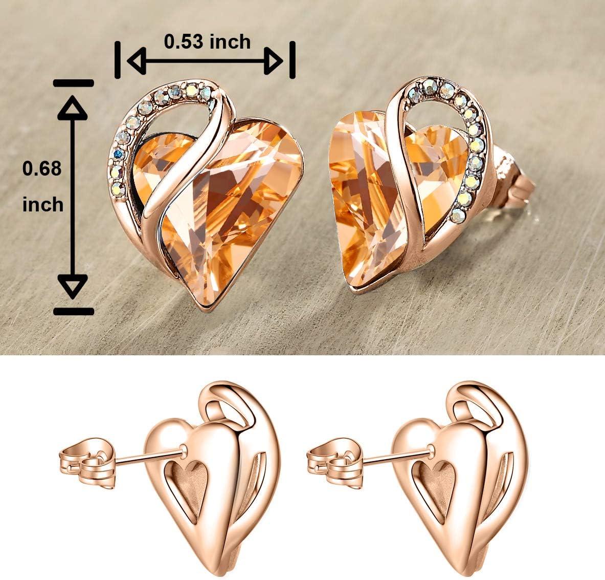 Leafael 18K Rose Gold Plated Love Heart Stud Earrings with Healing Stone Crystal Jewelry Gifts for Women - Image 2