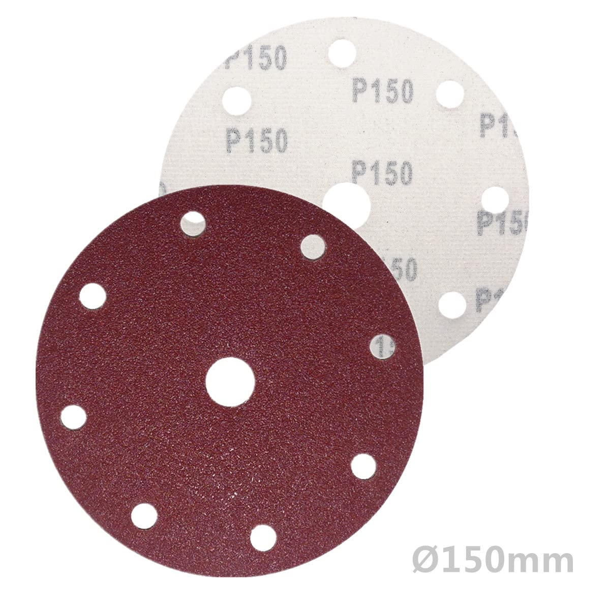 Discos de lija excéntricos (25 unidades, 150 mm de diámetro, 9 agujeros, grano P150)
