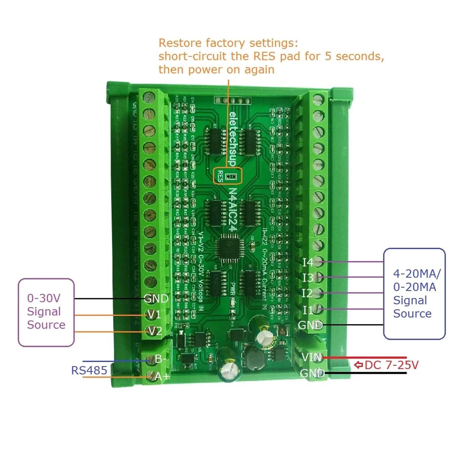 Modulo relè PLC Collettore di ingresso analogico di corrente a 8 canali da 4-20MA a RS485 Scheda MODBUS RTU DC 7-25V for sensore di pressione termocoppia PT100 K(8CH Only Board)
