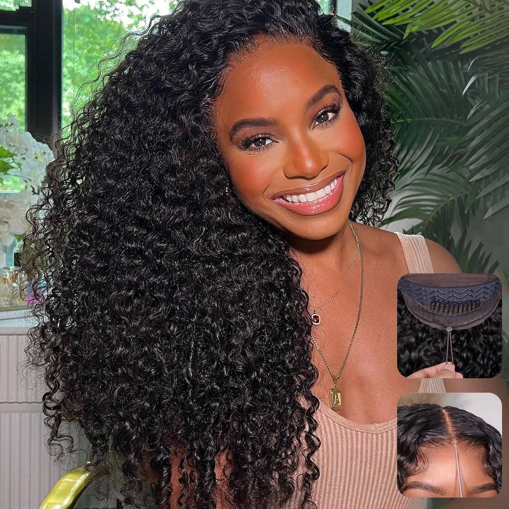 Kinky Straight Glueless Human Hair Wig 13x6 Transparent Lace Front Wear and Go Drawstring Wig Pre Plucked Pre Cut Natural Black 180 Density 24 Inch