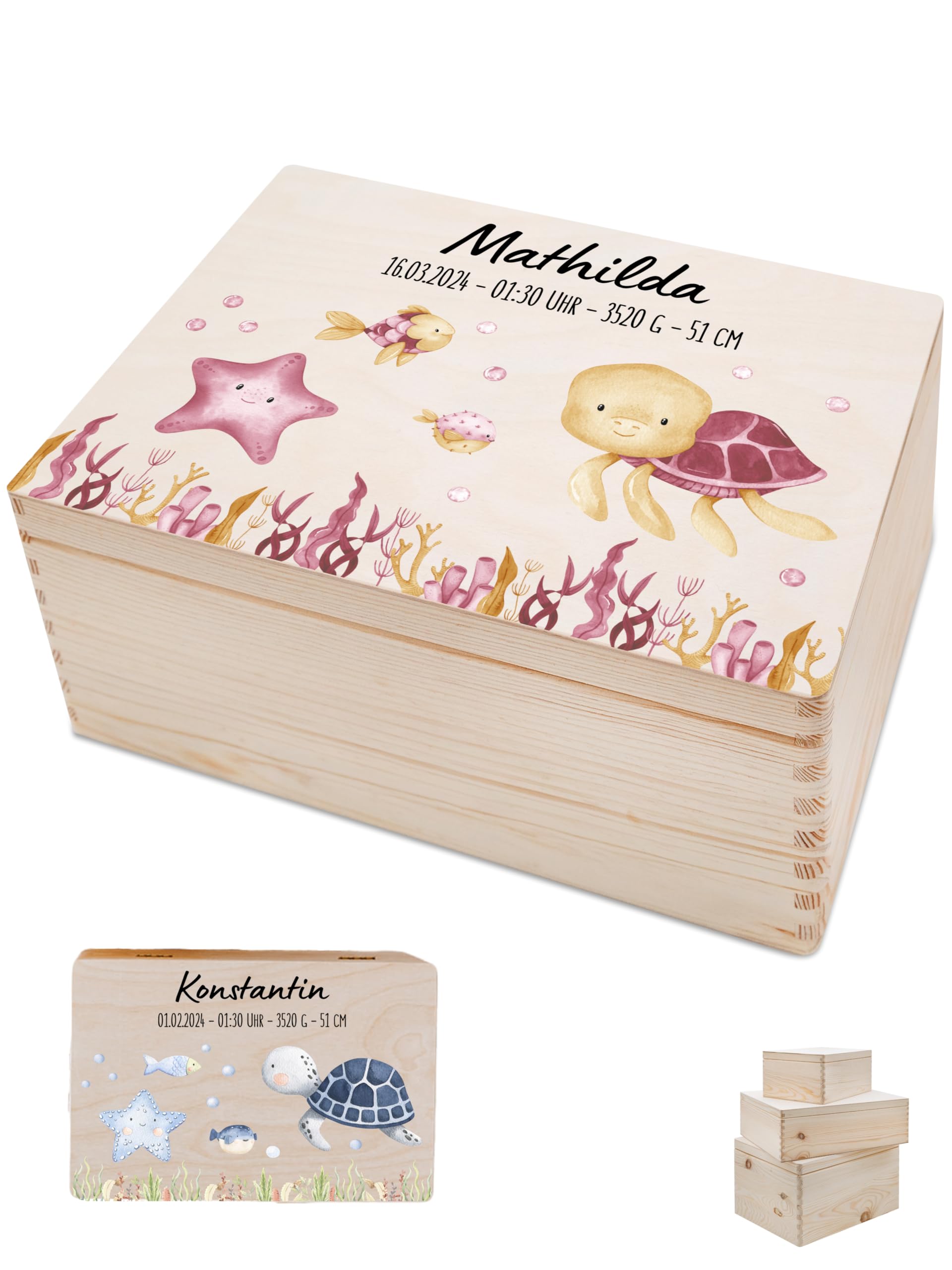 Bärenfreunde - Personalisierte Erinnerungsbox Baby mit Spezial-Druck - Individuelle Baby Erinnerungsbox - Erinnerungskiste aus Holz - Geschenk zur Geburt (S | Klappdeckel,Schildkröte rosa)