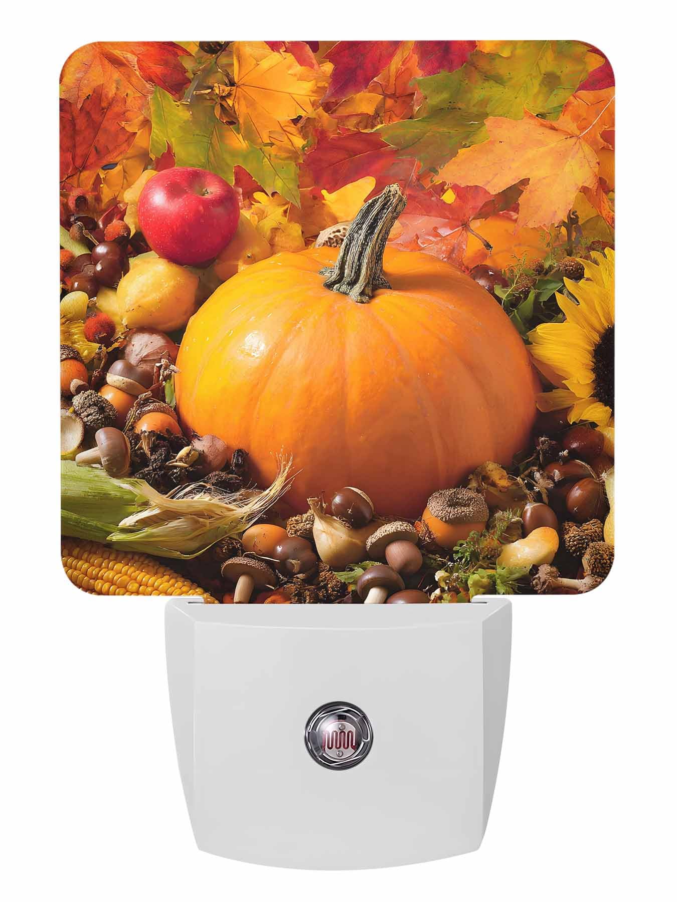 T H XHome Plug-in LED Night Light Lamp Sensor-Autumn Leaves Happy Thanksgiving Pumpkin Yellow Fall Themed Automatic Dimmable