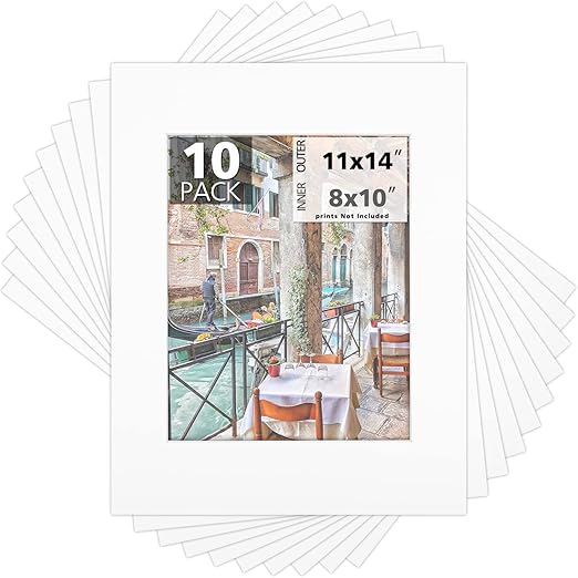 Mat Board Center, Pack of 10, 11x14 for 8x10 White Color Mats - Bevel Cut, Acid Free, 4-ply Thickness, White Core - for Pictures, Photos, Framing