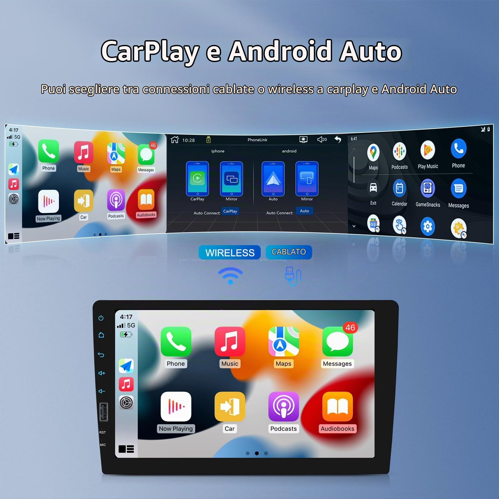 SIXWIN Autoradio 1 Din con Wireless CarPlay Android Auto,9 Pollici Stereo Auto con Bluetooth/FM/Mirror Link/AUX/Controllo del Volante+Telecamera