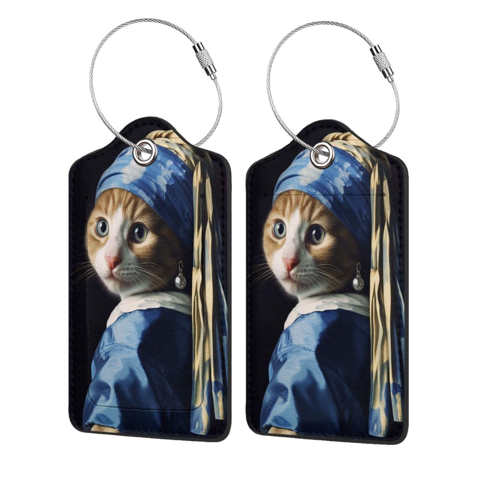 Girl with A Pearl Earring Luggage Tag for Suitcase 2 Pack Funny Cat Leather Luggage Tag with Privacy Flap Name Id Label and Metal Loop for Women Men