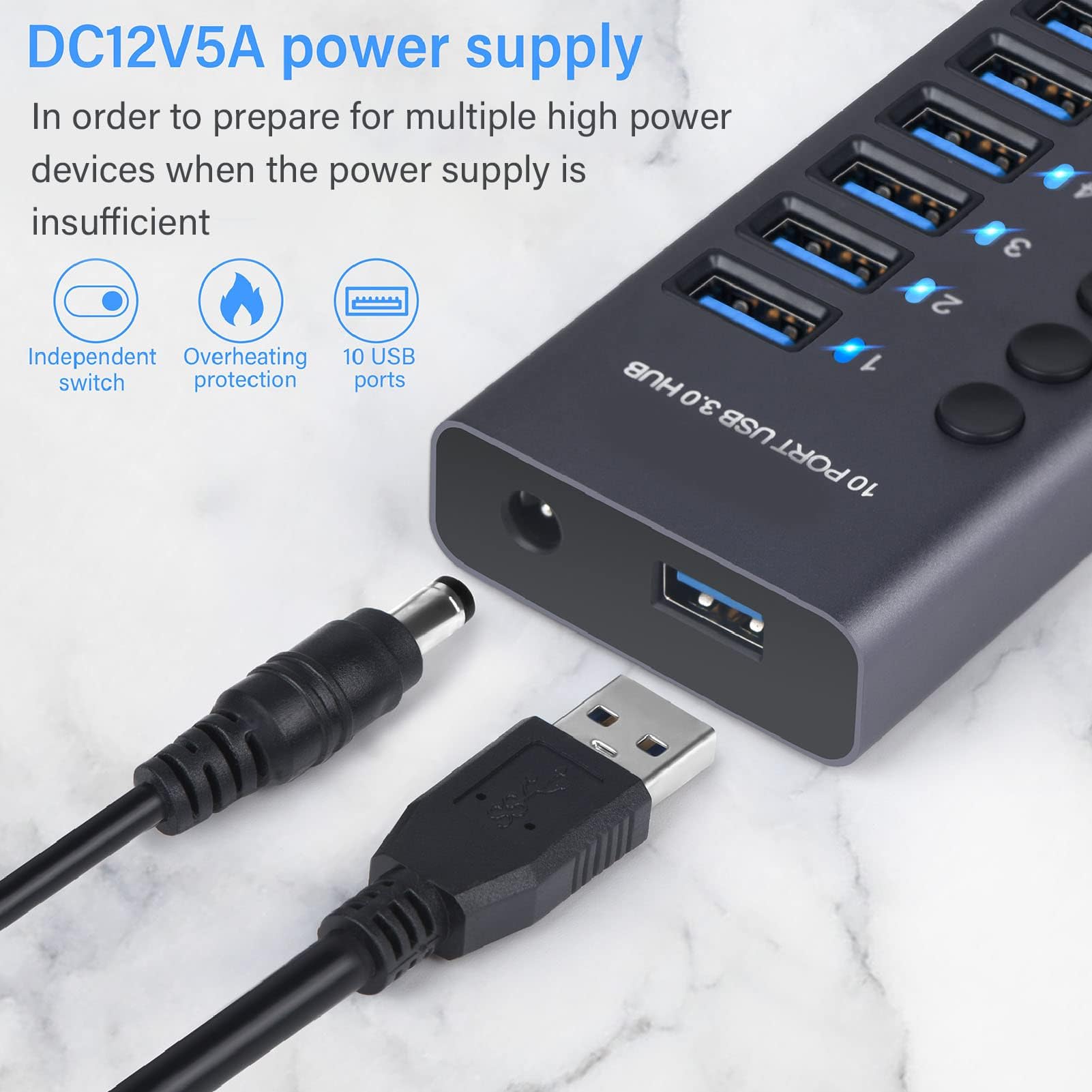 Ejoyous Hub USB 3.0 con Alimentatore, Hub USB 3.0 a 10 Porte da 60 W con Interruttore On/off e LED per Laptop Pro Air PC (Spina europea)