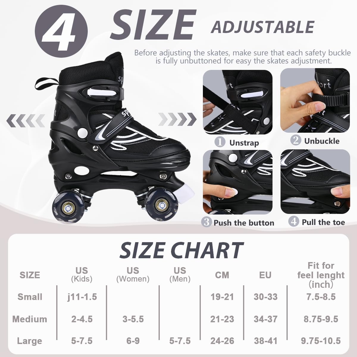 Roller Enfant Fille, Patins à roulettes pour Enfants, Garçons et débutants, 4 Tailles, Réglables, Adaptés pour L'intérieur et L'extérieur