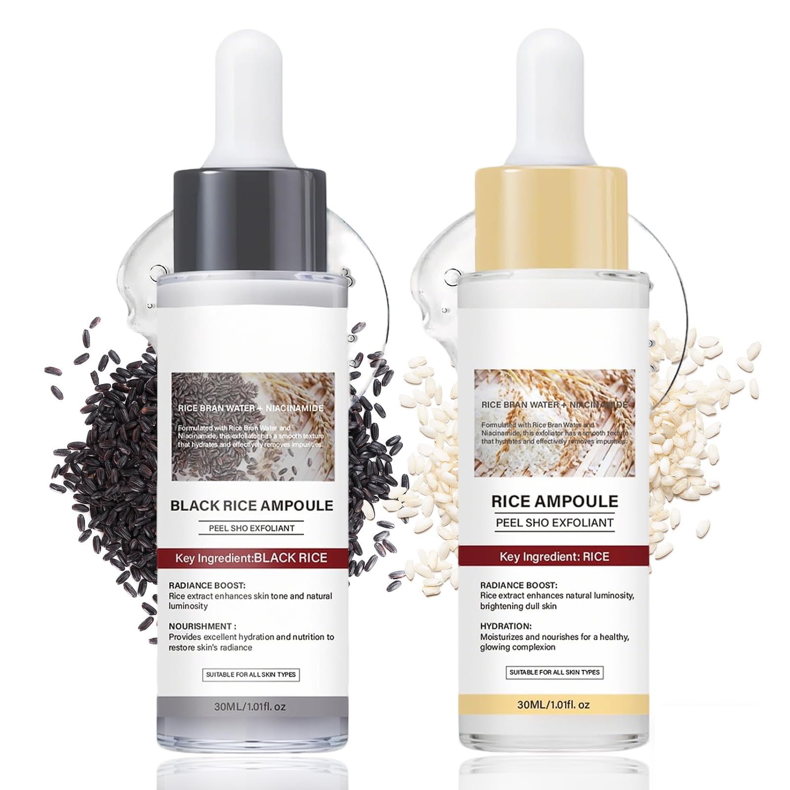 Peel Shot Glow Rice Ampoule Duo, 2PCS Siero Coreano Esfoliante al Riso Bianco & Nero, Delicato Viso Peeling, Rimuove Cellule Morte, Elimina Punti Neri, Pulisce Pori, Idrata Profondo