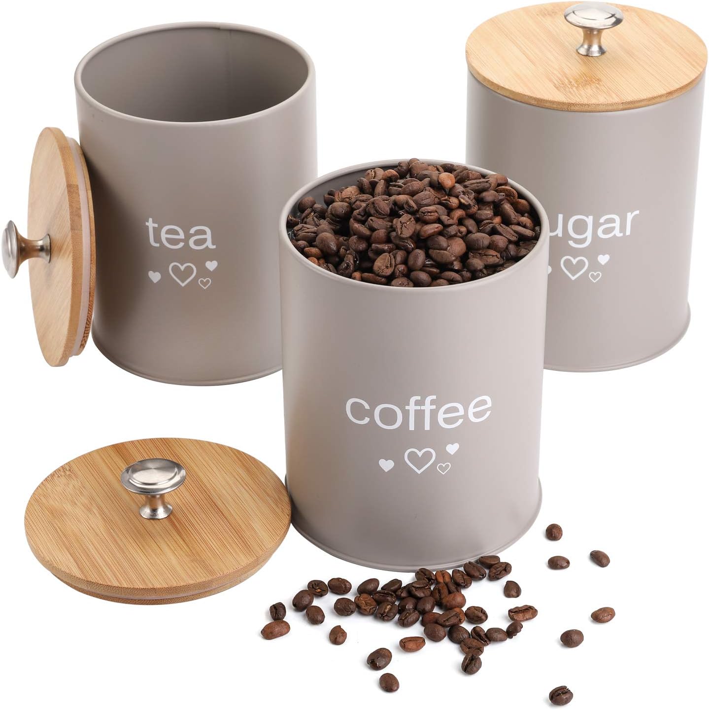 Fasmov Set of 3 Kitchen Canister Set, Coffee, Sugar, and Tea Storage Container Jars with Bamboo Lids for storing Sugar, Coffee and Tea, Gray