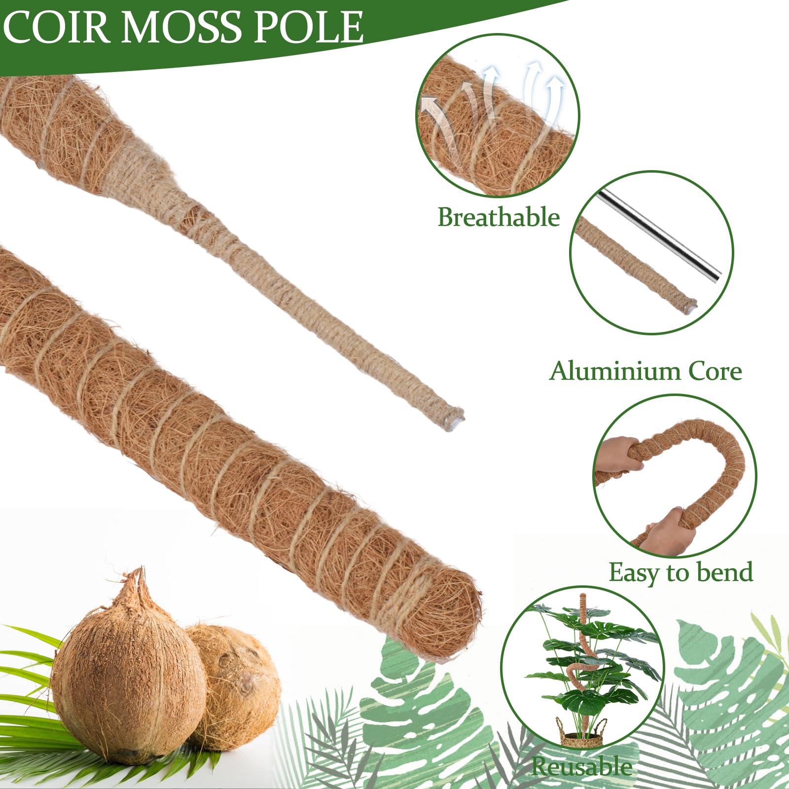 MABUSIYI Moss Pole,Bendable Plant Supports,47" Coir Moss Pole for ndoor and Outdoor Climbing Plants,Monstera & Cheese Plant.2M Garden Ties and 20M Twist ties with cutte(47" 1PCS) - Image 2