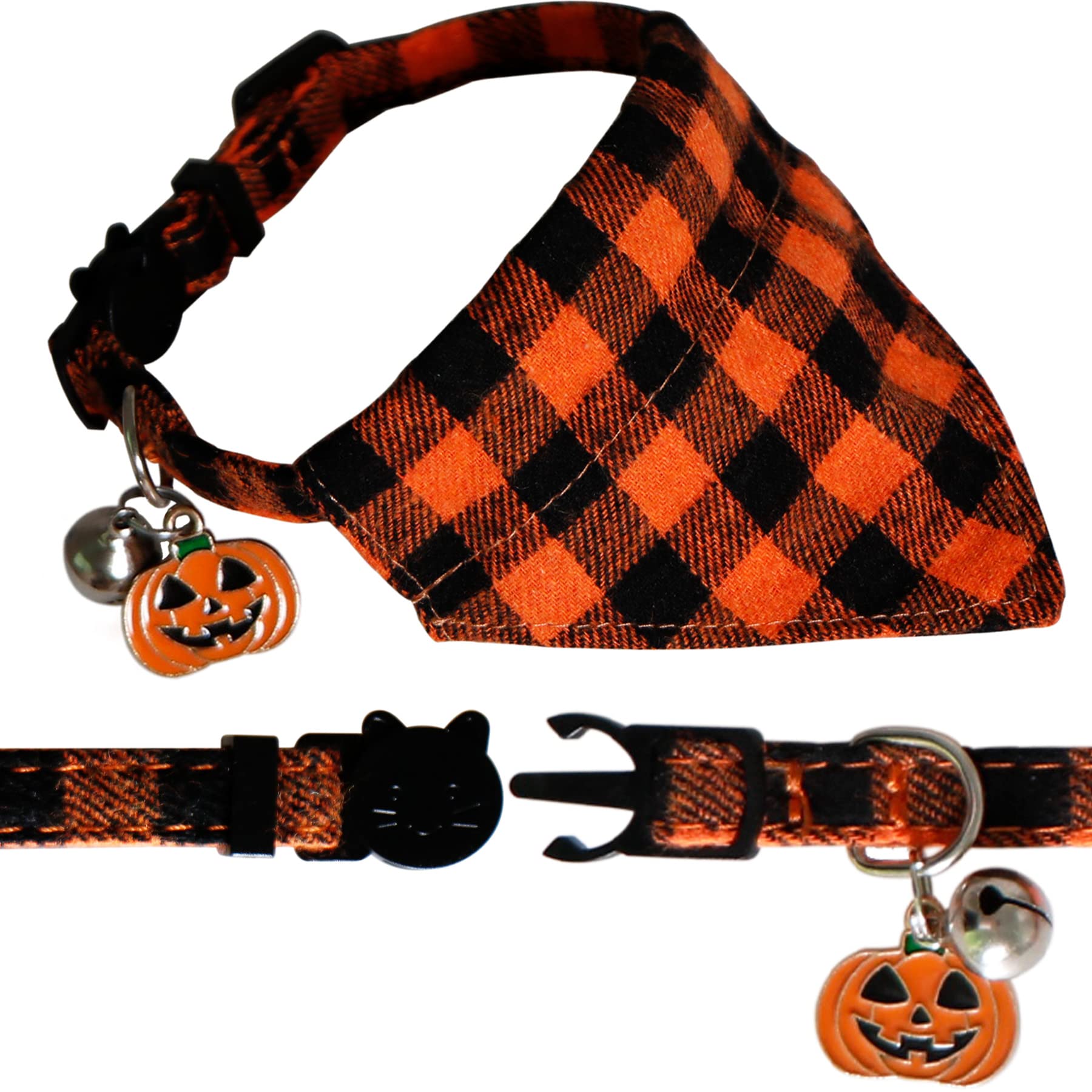 Coleira Halloween Para Gatos - 2 Unidades, Pingente De Sino, Motivo Abóbora E Morcego, Ajustável