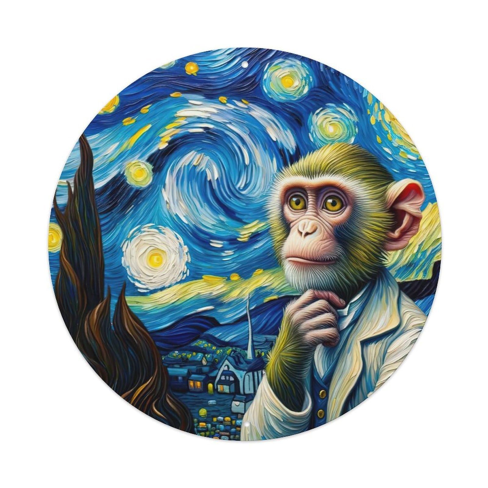Animal Art Poster Oil Painting Style Monkeys Vintage Metal Tin Sign Plaque Wall Decor for Cafe, Club, Garden Round Metal Poster 8x8Inch