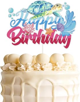Colorful Glitter Sea Turtle Happy Birthday Cake Topper,Turtle Swimming Sea Creatures Cake Decor, Ocean Sea Themed for Baby Shower Kids Happy Birthday Party Decorations