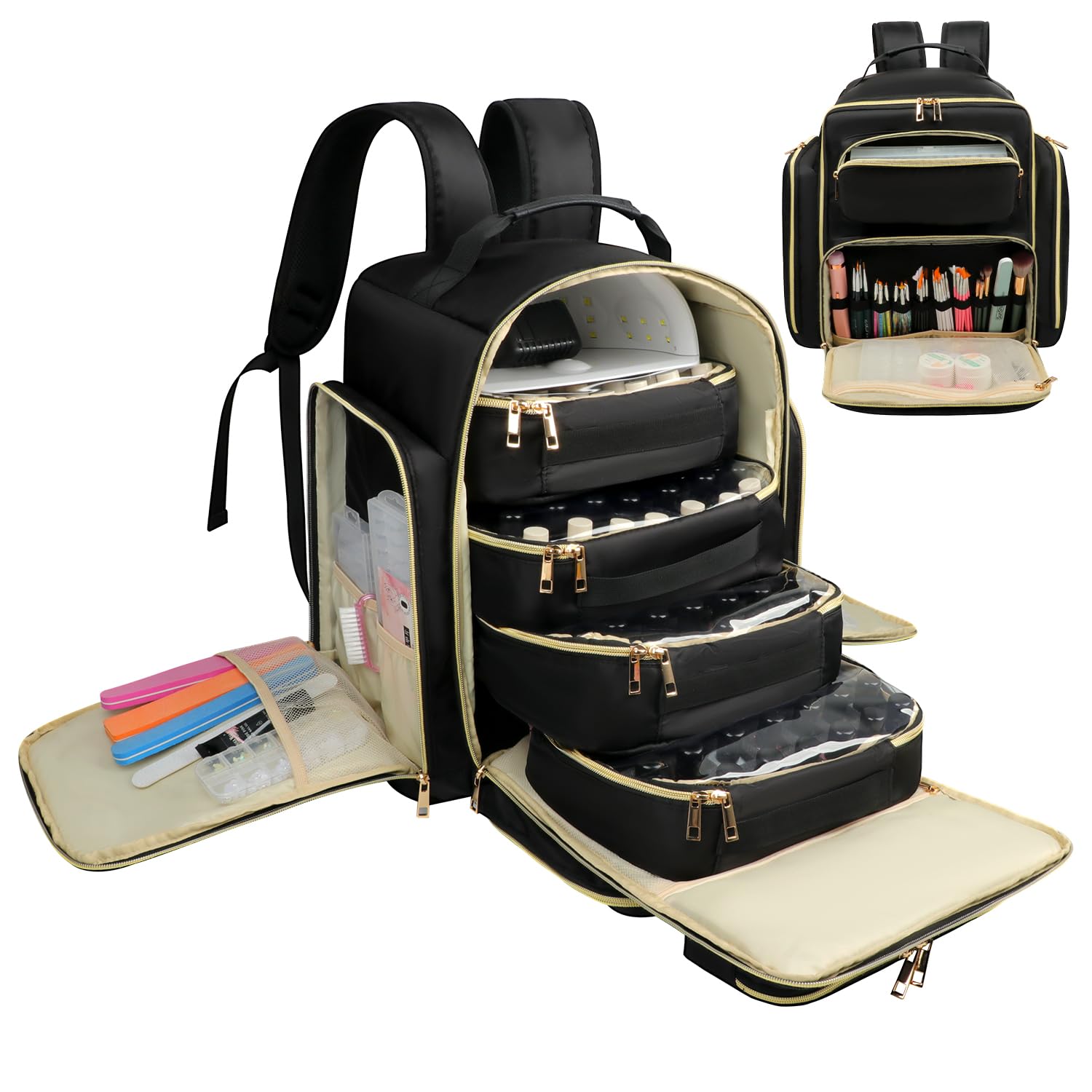 nail polish organizer backpack holds 140 bottles& uv lamp, extra large nail art supplies storage bag with 4 removable sponge pouches, travel carry case for gel polishes, nail tools& nail kits
