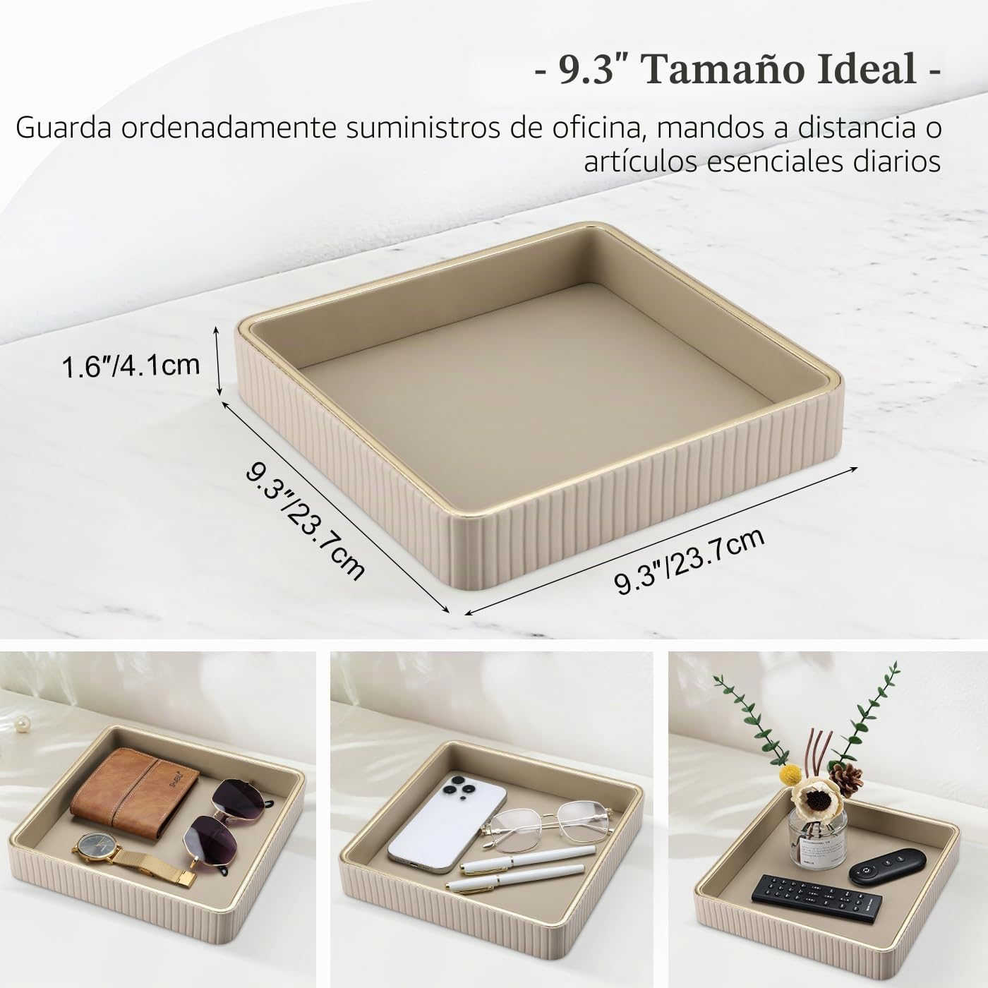 GORESE Bandeja de Valet,Bandeja para Joyas Cuero Bandejas Decorativas Bandejas de Mesa de Noche Organizador Vaciabolsillos Escritorio para Llaves,Maquillaje,Reloj,Gafas,Perfume,Joyería,Moneda(Beige)