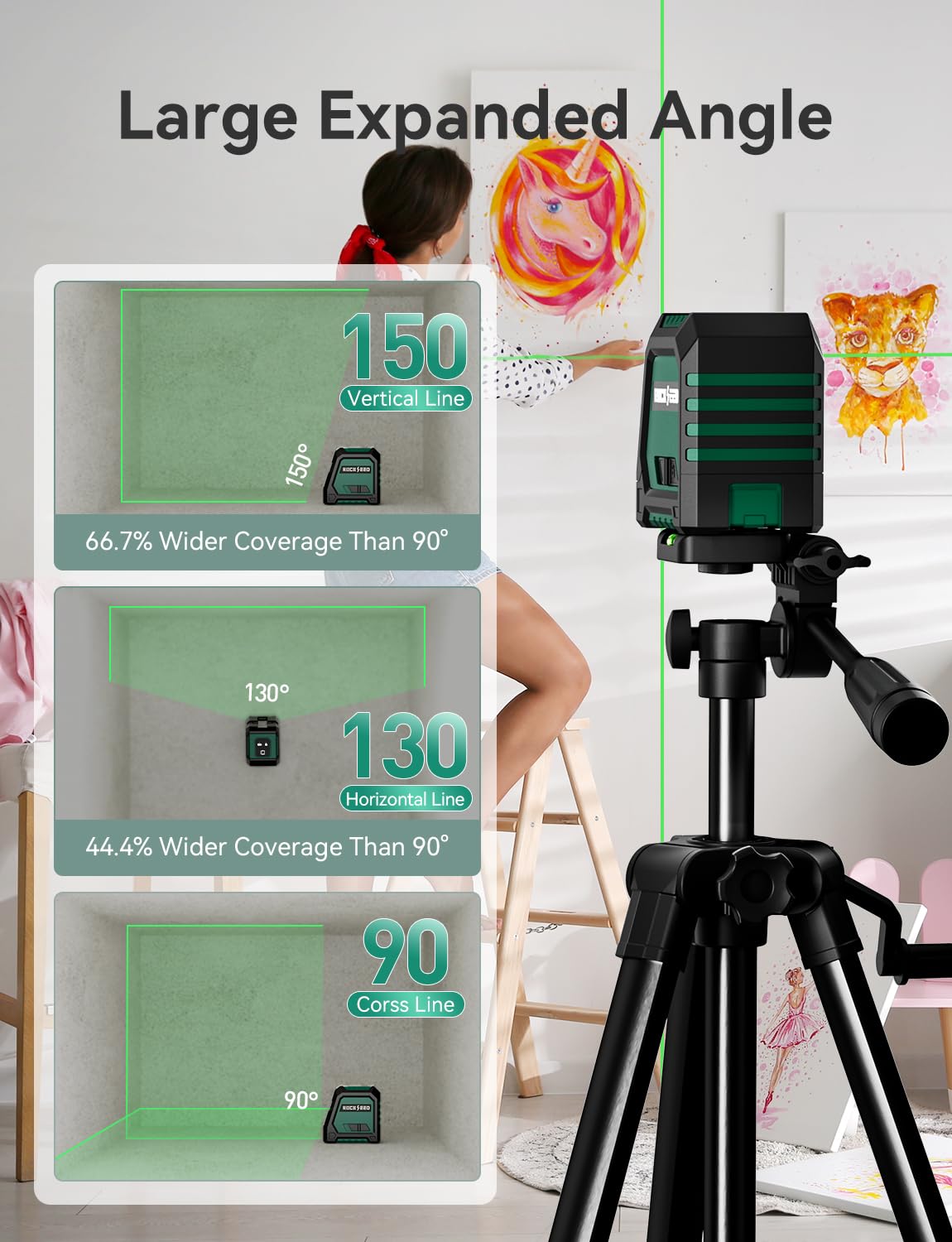 RockSeed Livella Laser a Doppio Modulo con 1,2m Treppiede,Livella a Linea Autolivellante, Raggio Verde Orizzontale e Verticale a 150°, 2 Batterie AA, per la Decorazione Domestica/fai da te/Cantiere