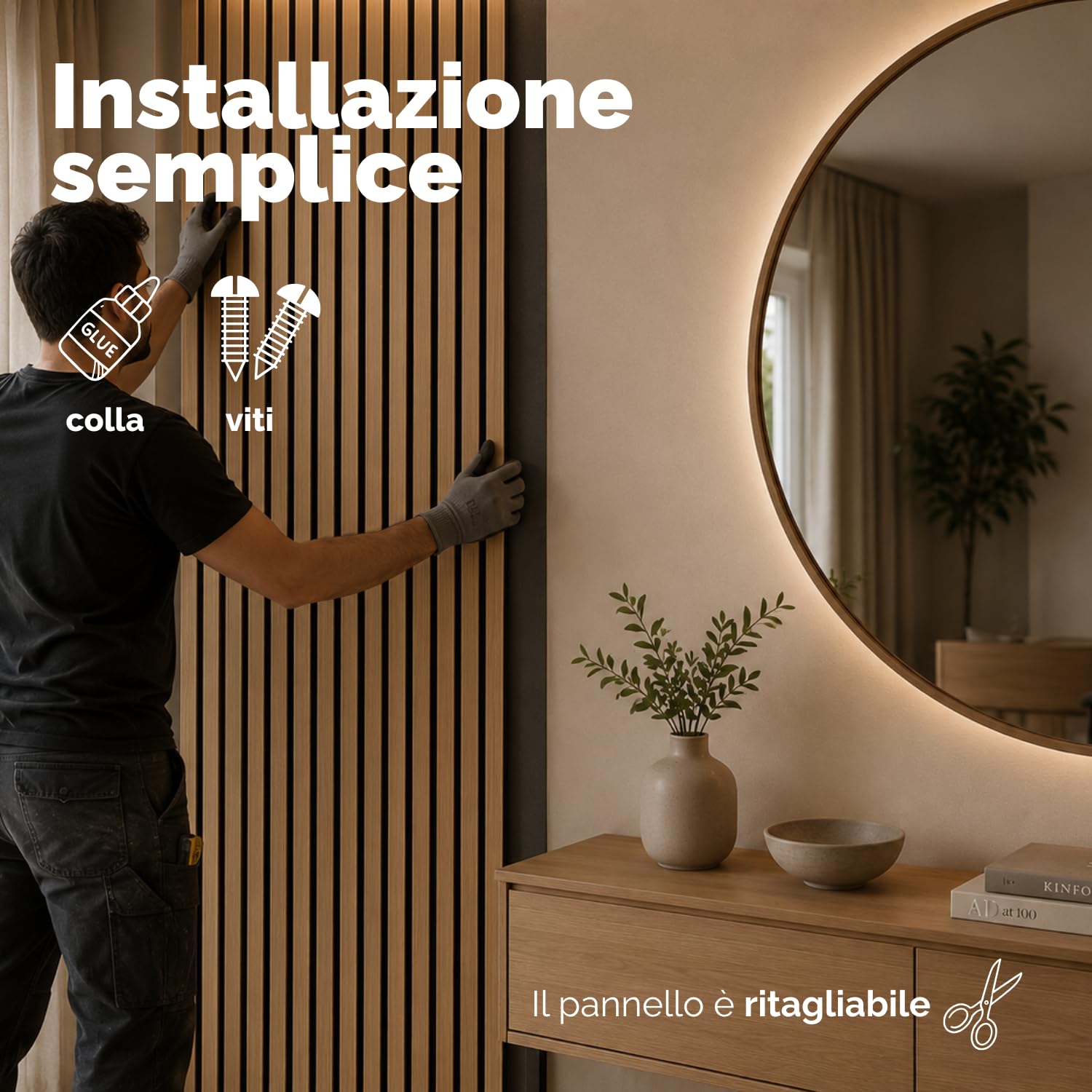 Paluplus Set 2 Pannelli Fonoassorbenti con Doghe Effetto Legno, Misura 120x60 cm - 1,44 ㎡, Pannello 3D Spessore da 2,1 cm, Rivestimento Acustico Decorativo per Pareti e Soffitti -4540M -11 (Beige)