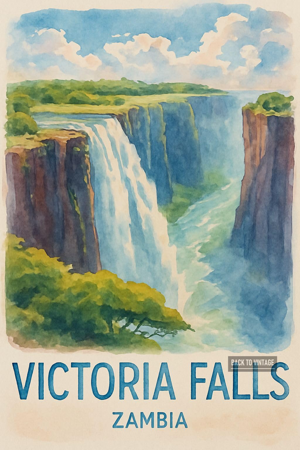 Vintage Travel Poster Illustration Of Victoria Falls In Zambia - A4 Travel City Poster Wall Art Home Decor Art Print with Iconic Landmarks and Global Views for Culture Inspired