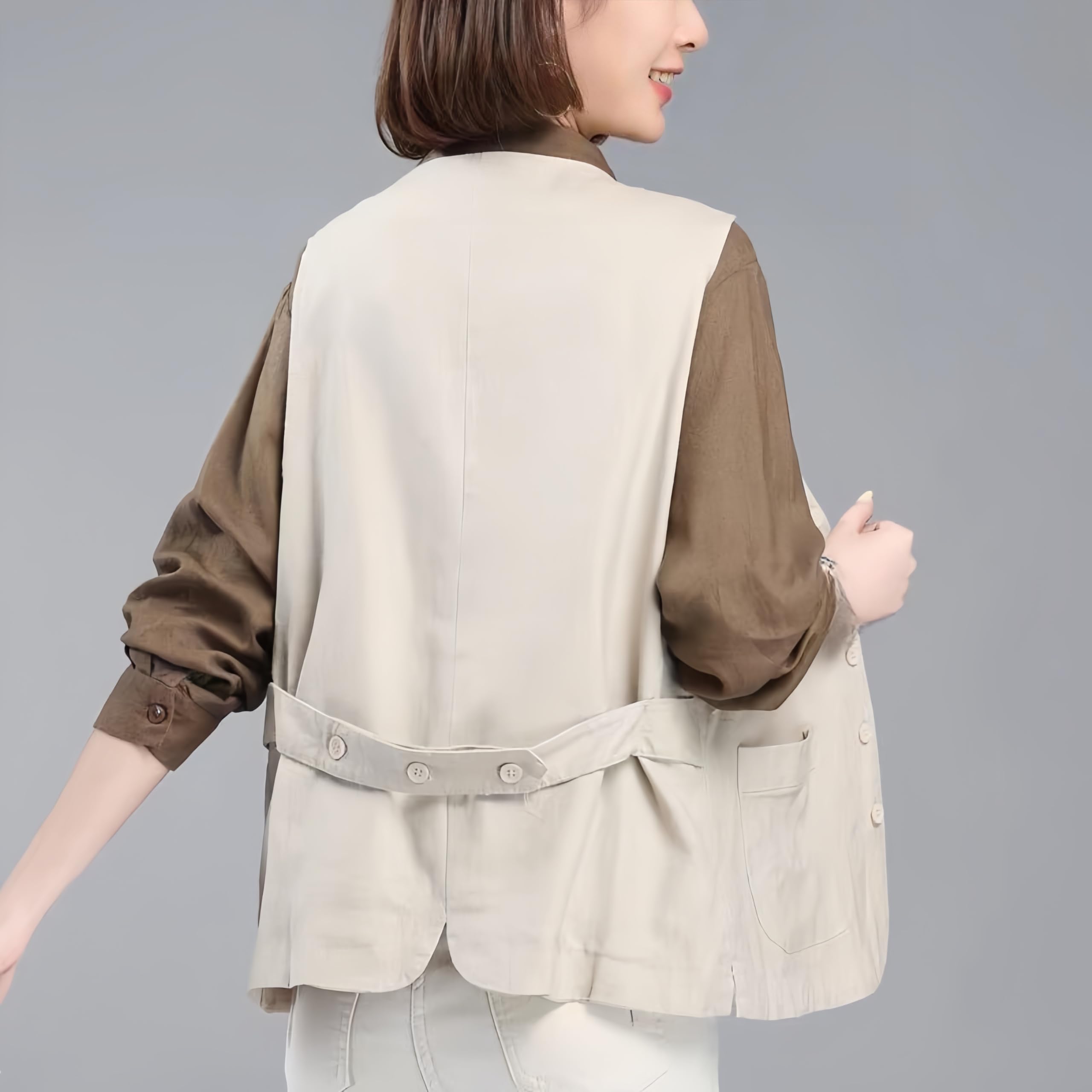Smanicato Donna,Gilet Da Donna In Cotone E Lino Senza Maniche Estivo Leggero con Scollo A V Blazer con Tasche Casual Tinta Unita Cardigan con Bottoni.