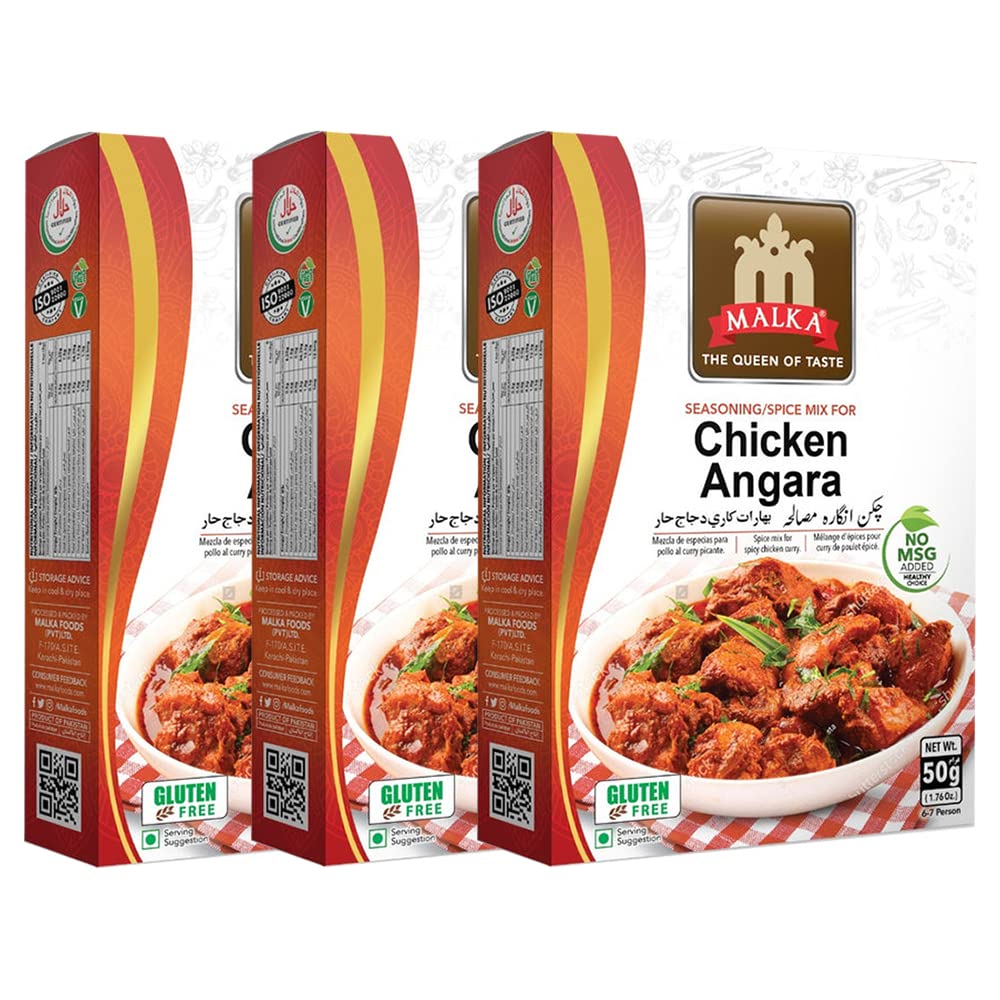 Malka Chicken Angara Recipe Mix 50g (1.76 oz) - Authentic Gourmet Spice Powder for Spicy Chicken Curry - No MSG Added, Vegan, Non-GMO, Gluten Free & Halal - Pack of 3