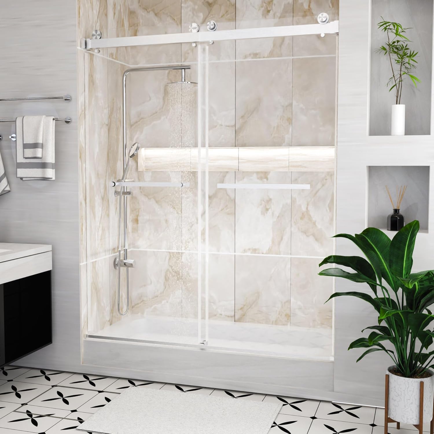 56-60" W x 74" H Frameless Sliding Shower Door, 1/4" SGCC Clear Tempered Glass Shower Door, 2.36" Rollers, Easy-Clean Glass, 20% Thicker Top Frame, Up to 3/8" Wall Adjustment,Brushed Nickel